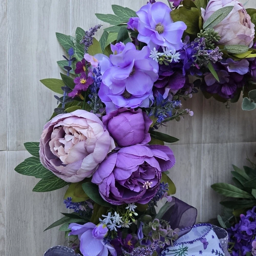 Handmade Purple Floral Wreath with Bow Summer/ Everyday Wreath